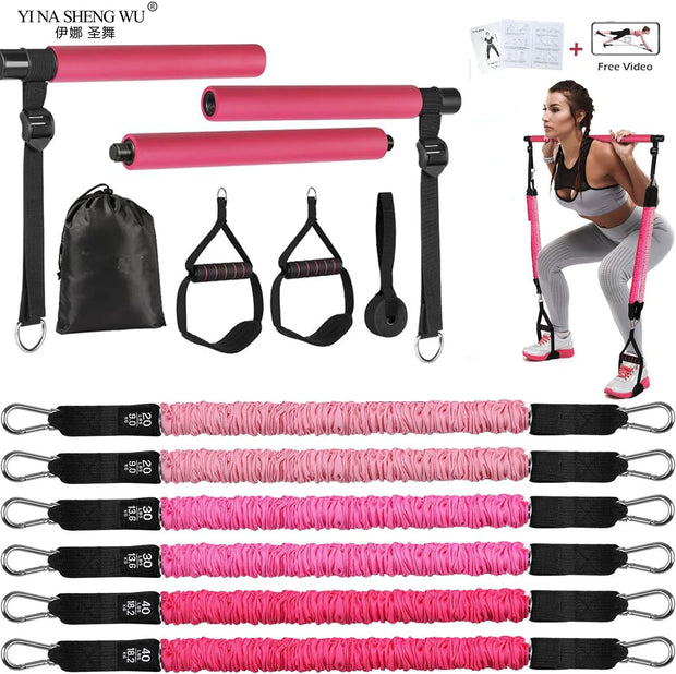 Portable Pilates Bar Kit with Resistance Bands Set 180LBS Bodybuilding Gym Fitness Stick Sports Pull Rope Workout Bar