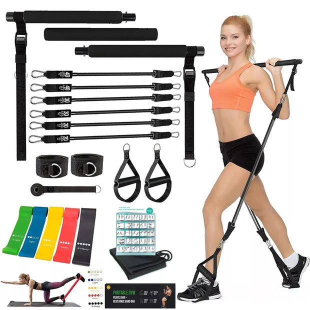 Pilates Bar Kit with180LBS Resistance Bands Set Detachable Workout Bar Elastic Fitness Band Non-slip Fitness Stick Workout Bands