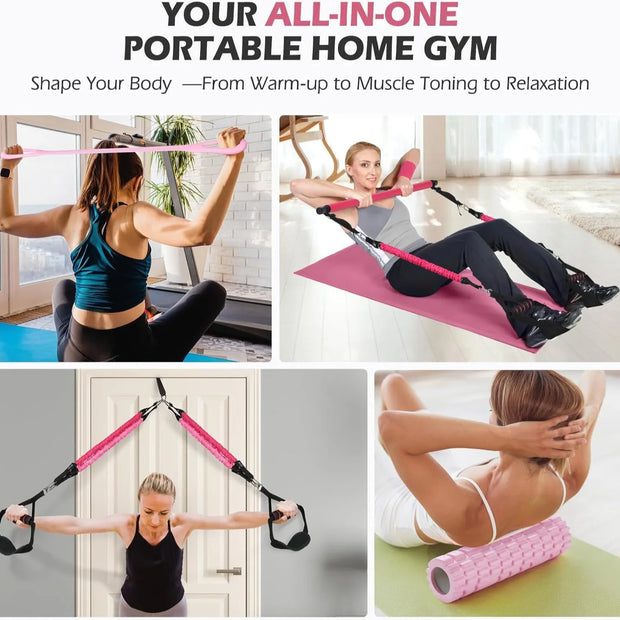 Portable Pilates Bar Kit with Resistance Bands Set 180LBS Bodybuilding Gym Fitness Stick Sports Pull Rope Workout Bar